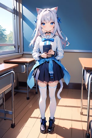 nekopara,full body,1 girl,cat ears,cat tail, black pleated skirt features a gradual blue ombre effect at the hem, paired with white stockings and black ankle boots. Silver-white hair, blue eyes, while a blue satin belt around her waist holds a small book charm at one end,classroom background