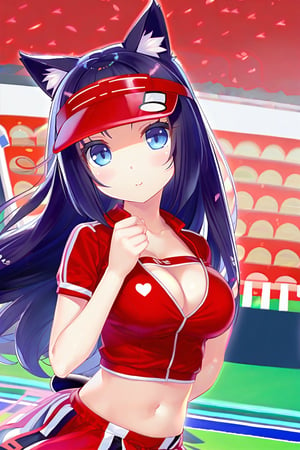 nekopara,nk_new_style,1girl, long hair,cat tail,cat ears,black hair,Red Visor Cap, Heart, Red Crop Top, Red Miniskirt, looking at viewer, large breasts, show cleavage, sunny day, shot in F1 racing scene, blue sky, MotoGP stadium, racing MotoGP background,