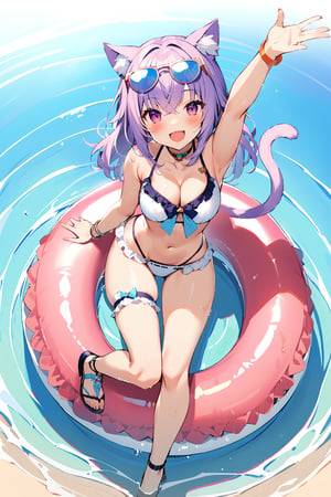 nekopara,full body,1 girl,cat ears,cat tail,
swimsuit, blush, smile, open mouth, cleavage, jewelry, bikini, thighs, outdoors, frills, water, arm up, bracelet, wet, thigh strap, highleg, white bikini, sunglasses, eyewear on head, frilled bikini, innertube, crossed bangs, highleg bikini