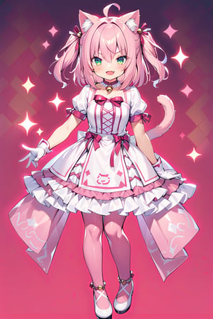 nekopara,full body,1 girl,cat ears,cat tail,
1girl, solo, short hair, looking at viewer, ((evil smile)),blush,  bangs, hair ornament, thighhighs, gloves, dress, ribbon, holding, animal ears, hair between eyes, jewelry, green eyes,pink cat tail, pink hair, ahoge, short sleeves, :d, fang, puffy sleeves, dark pink thighhighs, cat ears, white gloves, necklace, dark pink zettai ryouiki, cat tail, animal ear fluff, sparkle, bell, :3, cat girl, white dress with pink edge,  big jingle bell,big hair bell, pink footwear, side up,