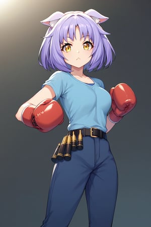 score_9, score_8_up,score_6_up, score_5_up, score_7_up,score_4_up,1 girl,((black ammo belt)),solo,cinnamon, short hair, animal ears, yellow eyes, purple hair, cat ears,belt, dark blue pants, black boots, red boxing gloves,armed,blue shirt,soldier