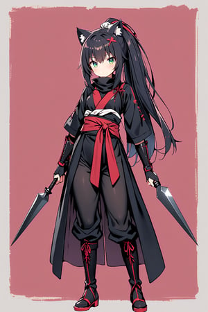 nekopara,1girl,((holding kunai)), cat ears,cat tail,long hair, straight hair, jet black  hair, tied in a high ponytail with a red ribbon,almond-shaped eyes, emerald green eyes, sharp gaze,traditional ninja outfit, tight-fitting black fabric, dark red accents, black arm guards, tabi boots, red sash around the waist,shuriken holster, small dagger strapped to thigh, cat ears headband matching hair color, black mask covering lower face