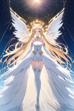 A majestic angelic maiden stands amidst a vibrant, star-studded backdrop, her blonde locks flowing like a river of gold. Her cat ears and tail glimmer in the soft, ethereal light, as her piercing green eyes shine like celestial bodies. A delicate, ornate headpiece adorns her forehead, complemented by intricate details featuring musical notes and star motifs on her thigh-high boots. White and blue attire billows around her like a cloud, while her elegant pose exudes an air of serenity. Detailed, feathery wings spread majestically behind her, as the atmosphere is infused with magic and wonder.