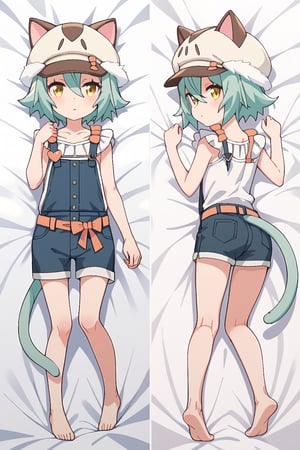 score_9, score_8_up,score_6_up, score_5_up, score_7_up,score_4_up,1 girl,cacao, short hair, animal ears, hair between eyes, yellow eyes, green hair, cat girl,shirt, hat, collarbone, (cat tail:1.3), cabbie hat, overalls, cat hat, overall shorts,dakimakura,((2 shots in front and behind)),(dakimakura,2strips,left is from front,right is from behind,:1.2),2 shots in front and behind,((turn head)),looking at viewer,no shoes,no footwear,cacao