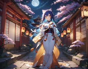 In this captivating scene, a nekomata stands amidst a tranquil Japanese courtyard under the soft luminescence of a full moon. Her striking features are captured in intimate detail as she holds a delicate paper fan, her amber eyes shining with warmth and her long blue hair flowing like the night sky. The gentle rustling of cherry blossom trees provides a soothing background hum, while lanterns and stone lanterns cast a warm, golden glow across the courtyard's stone path. The camera lingers on her refined features, capturing every subtle expression as she stands poised in the moonlit atmosphere.