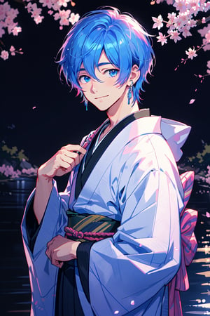 1boy, solo, looking at viewer, smile, short hair, bangs, pink hair, hair between eyes, open mouth, blue eyes, blue hair, male focus, two-tone hair, pink eyes, heterochromia, portrait, split-color hair, whole body, silver earring, wear kimono, midnight, cherry blossoms, river, lens flare,