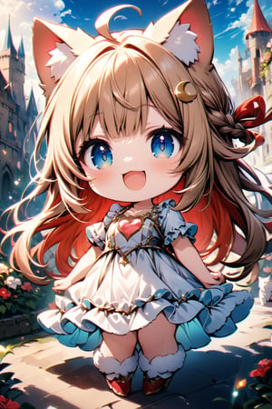 Masterpiece, beautiful details, perfect focus, uniform 8K wallpaper, high resolution, exquisite texture in every detail, heart (symbol), deformation, chibi, emo, Blue eyes, light brown hair, red inner hair, long hair, smile, happy, open mouth, single braid, straight bangs, ahoge, crescent hairpin, big red ribbon, fluffy cat ears, eyebrows, hairpin, dress, standing, clavicle, flowers, short sleeves, :d, outdoors, ruffles, sky, day, calf, clouds, flowers in hair, white dress, red ribbon, blue sky, short calf sleeves, one side top, ruffled dress, building ,castle