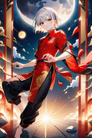 Looking at the viewer,
Japanese comics, light color, masterpiece, boutique, aesthetic, tarot cards,
(1boy, solo, white hair, short hair, bangs, white shot hair, red chinese earring, dark cheongsam, ) ,
 (model picture), (full body),Chinese martial arts master, fighting stance, 
 perfect hands, night, moon, starry sky,
 Milky Way starry sky watercolor background \(center\), very detailed,
lens flare, glitter, glint, light particles,