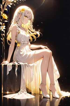 bottom up shot/angle, 
1girl, solo,right side, holding a yellow flower, sitting, from the side, looking at viewer,
 long hair, bangs, sad, 
, wear white cool dress, (model picture), (full body), perfect hands, perfect legs,
flowers in back, black background, 
profile, lens flare, glass art, glitter,  glint,  light particles,