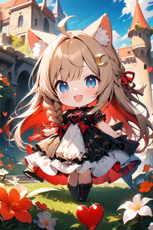 Masterpiece, beautiful details, perfect focus, uniform 8K wallpaper, high resolution, exquisite texture in every detail, heart (symbol), deformation, chibi, emo, Blue eyes, light brown hair, red inner hair, long hair, smile, happy, open mouth, single braid, straight bangs, ahoge, crescent hairpin, big red ribbon, fluffy cat ears, eyebrows, hairpin, dress, standing, clavicle, flowers, short sleeves, :d, outdoors, ruffles, sky, day, calf, clouds, flowers in hair, white dress, red ribbon, blue sky, short calf sleeves, one side top, ruffled dress, building ,castle