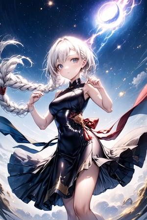 Looking at the viewer, bottom up shot/angle, Japanese comics, light color, (1boy, solo, single braid, white hair, white hair,) masterpiece, boutique, aesthetic, tarot cards, cheongsam, (model picture), (full body), perfect hands, Chinese martial arts master, fighting stance, night, moon, starry sky, Milky Way starry sky watercolor background \(center\), very detailed, , lens flare, glass art, glitter, glint, light, 
midjourney portrait,girl,CLOUD,FuturEvoLabFlame,FuturEvoLabLightning,Thunder Flash,Lightning aura