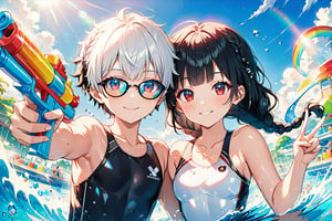 Masterpiece, beautiful details, perfect focus, uniform 8K wallpaper, high resolution, exquisite texture in every detail,
source_anime, Selfie,, a girl and a boy, couple, 
(1girl, long black hair, single braid, straight bangs, blue eyes, white, ruffled, one piece swimsuit, tube,, ) , 
(1boy, short white hair, red eyes, wear black swimming trunks, water gun,) , bangs, sunglasses, 
swimming, hands making a V-sign. , dating, 
from the side,  
smile, happy, closed_eyes, 
outdoors, building ,water park, sky, day, calf, clouds, wave pool, 
Add some splash on the bottom
, lens flare, glass art, glitter,  glint,  light