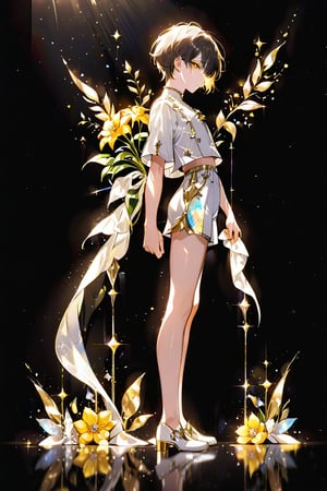 bottom up shot/angle, 
1boy, solo,right side, idol, holding a yellow flower, standing, from the side, looking at viewer,
 short hair, bangs, sad, 
, wear white cool clothes, (model picture), (full body), perfect hands, perfect legs,
flowers in back, black background, 
profile, lens flare, glass art, glitter,  glint,  light particles,