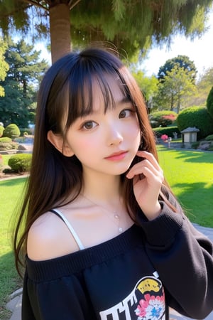  (masterpiece,best quality:1.4),(8k,raw photo,photo realistic:1.2),(shiny skin),detailed skin,detailed face,detailed eyes,(((Beautiful Japanese))),(Garden with beautiful flowers),1girl,((Teen average face)),((Teen average breast)),brown hair,(((forward leaning:1.3))),(Detailed trends, design),Loose off shoulder Shirts,front view,upper body,,Instagram style,lemon0030,(((cute student))),sakuragun