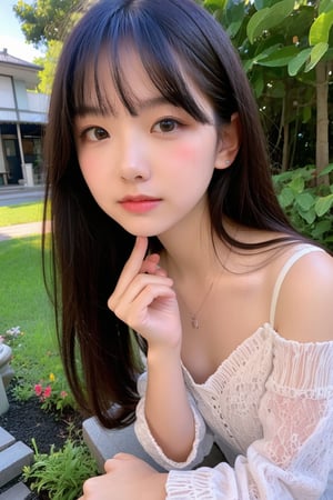  (masterpiece,best quality:1.4),(8k,raw photo,photo realistic:1.2),(shiny skin),detailed skin,detailed face,detailed eyes,(((Beautiful Japanese))),(Garden with beautiful flowers),1girl,((Teen average face)),((Teen average breast)),brown hair,(((forward leaning:1.3))),(Detailed trends, design),Loose off shoulder Shirts,front view,upper body,,Instagram style,lemon0030,(((cute student))),sakuragun