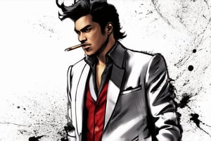 illustration,A suave Asian gangster stands confidently, donning a crisp white suit with a bold red shirt, unapologetically puffing on a cigarette. The wind whispers through his hair, tousling it slightly as he gazes out into the distance, exuding an air of sophistication and charm,Ink splashes, bold lines, dynamic poses,douqi,