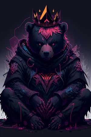 vector style, solo, looking at viewer, horror background, sitting, no humans, a cute Bear, animal, beautiful, visually stunning, elegant, incredible details, award-winning painting, high contrast, vector art, line art, splatter, flat color, color merge gradient, , (dark black theme:1.2), (white neon color), glowing,red neon, crown, serious, red,tshee00d,white color