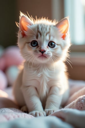 A close-up shot of a cute little kitten, fluffy white fur with subtle gray patches, wide innocent eyes, and a tiny pink nose. The kitten is sitting upright, paws together, with a curious expression. Soft, warm lighting from a nearby window illuminates its face, casting gentle shadows. The background is a cozy, pastel-colored room with a soft blanket and a few scattered toys.