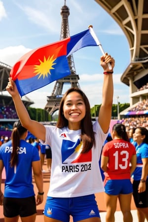 A triumphant Filipina athlete stands out amidst a sea of athletes in the Olympic stadium's packed seating area, her radiant smile beaming confidence as she holds the Philippine flag aloft. Wearing a white t-shirt and blue and red sport shorts, she shines against the vibrant atmosphere. The "PARIS 2024" text and Philippine flag emblem on her shirt add a pop of color. Her dynamic pose exudes energy, with the iconic Paris Eiffel Tower rising majestically in the background, bathed in warm sunlight.,Sopra