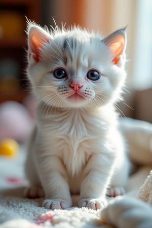 A close-up shot of a cute little kitten, fluffy white fur with subtle gray patches, wide innocent eyes, and a tiny pink nose. The kitten is sitting upright, paws together, with a curious expression. Soft, warm lighting from a nearby window illuminates its face, casting gentle shadows. The background is a cozy, pastel-colored room with a soft blanket and a few scattered toys.