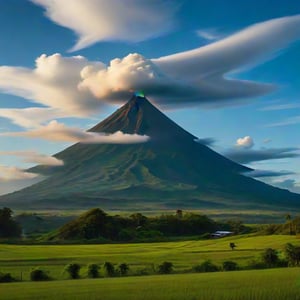 The majestic Mayon Volcano as a backdrop, set amidst a picturesque countryside. Soft, feathery clouds drift lazily across the bright blue sky, their wispy tendrils stretching out like ethereal brushstrokes. The volcano's slopes are lush and green, with rolling hills and verdant forests creating a natural frame for this idyllic scene.