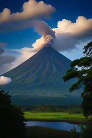 The majestic Mayon Volcano as a backdrop, set amidst a picturesque countryside. Soft, feathery clouds drift lazily across the bright blue sky, their wispy tendrils stretching out like ethereal brushstrokes. The volcano's slopes are lush and green, with rolling hills and verdant forests creating a natural frame for this idyllic scene.,Landskaper,FRESHIDEAS landscape