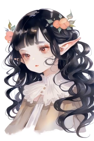 Girl cute, long curly hair black hair, elf ears.,softwatercolor,dramaticwatercolor