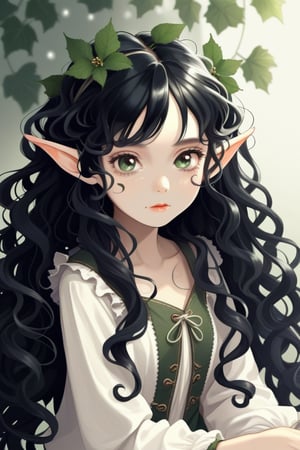 Girl cute, long curly hair black hair, elf ears.