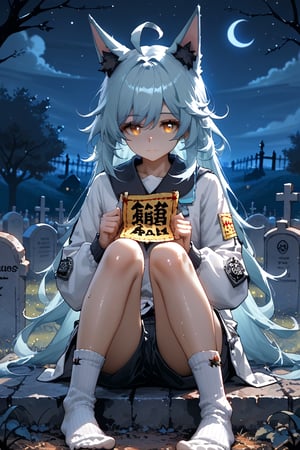 1girl, huohuo, honkai: star rail, ahoge, animal ears, bangs, closed mouth, long hair, long sleeves, looking at viewer, shorts, socks, solo, talisman, graveyard, white socks, lyrah, oil painting, night, dark