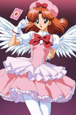 1girl, furukawa nagisa, clannad, fake wings, pink dress, puffy short sleeves, white shirt, white gloves, pink headwear, red bowtie, white pantyhose, sakura card, fuuin no tsue, petticoat, magical girl, retro anime