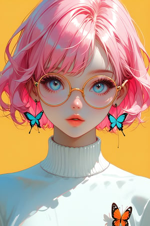 1girl, solo, looking at viewer, short hair, bangs, simple background, green hair, pink hair, blue eyes, parted lips, glasses, lips, eyelashes, bugs, butterfly, portrait, yellow background, round eyewear