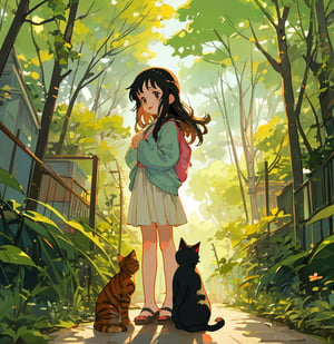 little girl standing next to cute fat cat,black hair,long hair, summer day, symmetry face, niji style, ghibli style