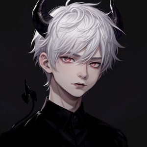 1boy, black background, black shirt, curled horns, demon horns, horns, lips, looking to the side, male focus, parted lips, shirt, short hair, solo, upper body, white hair