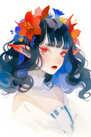 1girl, bangs, black hair, blue flower, blunt bangs, cropped torso, curly hair, flower, hair flower, hair ornament, long hair, makeup, parted lips, pointy ears, red eyes, red lips, solo, upper body, wavy hair, white background