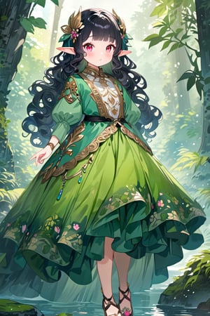 watercolor, 1girl, (elf:1.4), sitting on a rock, looking at viewer, (((cute, kawaii))), black hair, long curly hair, red eyes, green dress, sandals, deep forest, stunningly crafted ornaments, detailed background, fantastic, mysterious, perfect composition, (masterpiece:1.3), ((best quality, 8k, ultra-detailed, very clear)), perfect anatomy, anatomically correct hands, detailed hair, delicate hair expression, detailed eyes, beautiful face, beautiful eyes, extremely stylish, The most fashionable, perfect hand description