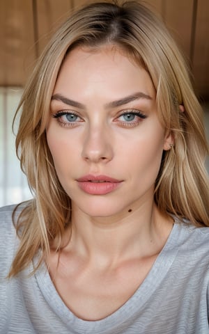 A woman with the best RAW photo, having mature breasts and full lips, weighing 55 kilograms, and having blonde hair. She has a detailed face in 8K resolution, high detail. She wears a T-shirt with the Turkish flag. Her arousal is evident as she bites her lips, depicting a woman with an extremely sexy face.