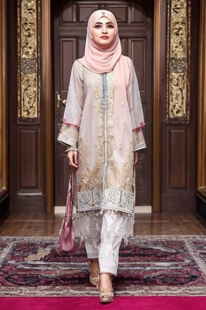 Elegant AI influencer with a style reminiscent of Neelam Muneer, “ she wearing hijjab looking like muslim girl 