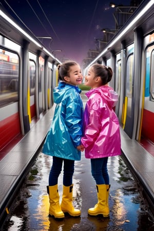 Raw photo, (Ultra realistic), (highly detailed eyes, highly detailed face), (ultra detailed:1.4), realistic, (photorealistic:1.37), (illustration:1.2), Two girls playing in puddles wearing rain boots. In the center of the puddles,  there is a clear reflection of the transparent water surface with bright light reflecting upon it. The girls are dressed in yellow raincoats and wearing boots,  allowing them to play in the puddles without getting wet. One of them is an energetic girl with her hair tied up in pigtails,  while the other has cute short twin tails. Holding hands,  they jump and frolic,  creating splashes of water. The weather is fine after the rain,  and a vibrant rainbow stretches across the background. The colors of the rainbow harmonize with the girls' smiles,  creating a joyful atmosphere,  colorful wear,  (adorable difference face:1.4),  colorful, (photo-realisitc),  night background,  exposure blend, medium shot, bokeh, (hdr:1.4), high contrast, (cinematic, teal and light magenta:0.85), (muted colors, dim colors,  soothing tones:1.3), low saturation, (perfect hands, perfect fingers :1.5), cinematic light, depth of fields, twilight, looking at viewer, (stunning light:1.3), (night, metropolis and sky train background :1.4), Backlighting of natural light, falling petals,