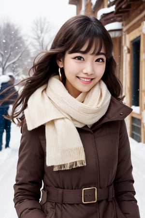 Beautiful and delicate light, (beautiful and delicate eyes), pale skin, big smile, (brown eyes), (black long hair), dreamy, medium chest, woman 1, (front shot), Korean girl, bangs, soft expression, height 170, elegance, bright smile, 8k art photo, realistic concept art, realistic, portrait, necklace, small earrings, handbag, fantasy, jewelry, shyness, skirt, winter down parka, scarf, snowy street, footprints,perfect