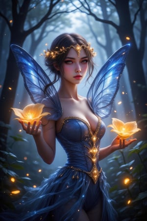 A fantasy character with butterfly wings wearing an elegant blue gown and hair adorned with glowing embellishments. She holds two glowing golden calla lilies, with a mysterious night forest in the background, adding to the magical atmosphere. The dreamy butterfly-like wings and the golden light emitted from the accessories blend perfectly with the scene, showing a gentle and dreamy temperament.