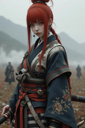 A full-body shot of a Japanese female warrior inspired by the legendary onna-bugeisha, wielding a long naginata with skill and grace. She is dressed in traditional armor with elements of Japanese design, including a sash and floral engravings. Her expression is powerful and focused, with a slight frown. Her red hair is styled in a practical bun, and she stands on a battlefield surrounded by mist, with faint mountains in the background. Photorealistic, highly detailed, epic lighting, 8K resolution.

Midjourneyart,ct-anitity,ct-katakrat