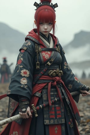 A full-body shot of a Japanese female warrior inspired by the legendary onna-bugeisha, wielding a long naginata with skill and grace. She is dressed in traditional armor with elements of Japanese design, including a sash and floral engravings. Her expression is powerful and focused, with a slight frown. Her red hair is styled in a practical bun, and she stands on a battlefield surrounded by mist, with faint mountains in the background. Photorealistic, highly detailed, epic lighting, 8K resolution.

Midjourneyart,ct-anitity,ct-katakrat