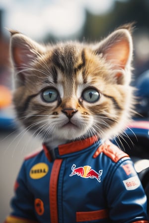cinematic film still ((BBC Style)) picture of an kitten mobster in (wildlife) , dressed as formula 1 race car driver wearing redbull outfit, shallow depth of field, vignette, highly detailed, high budget, bokeh, cinemascope, moody, epic, gorgeous, film grain, grainy, high quality photography, 3 point lighting, flash with softbox, 4k, Canon EOS R3, hdr, smooth, sharp focus, high resolution, award winning photo, 35mm, wide angle shot, full_length, f2.8, bokeh, in the style of Garry Winogrand – Street Photography