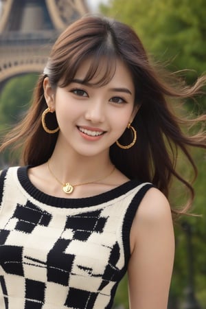 background is Paris,
18 yo, 1 girl, beautiful korean girl,fashion model,
wearing tight sweater,short skirt(chess pattern),shoulder bag(Louis Vuitton),happy laugh,cloth blowing by wind, solo, {beautiful and detailed eyes}, dark eyes, calm expression, delicate facial features, ((model pose)), Glamor body type, (dark hair:1.2), simple tiny earrings, simple tiny necklace,very_long_hair, hair past hip, bangs, curly hair, flim grain, realhands, masterpiece, Best Quality, 16k, photorealistic, ultra-detailed, finely detailed, high resolution, perfect dynamic composition, beautiful detailed eyes, eye smile, ((nervous and embarrassed)), sharp-focus, full_body, cowboy_shot,Indian ,Model ,Realistic ,Beauti,Actress ,Sports ,India ,Indian girl ,Modern 
