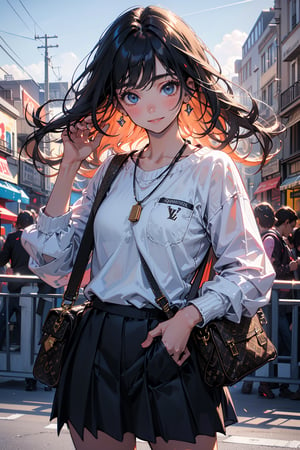 background is Paris,
18 yo, 1 girl, beautiful korean girl,fashion model,
wearing tight sweater,short skirt(chess pattern),shoulder bag(Louis Vuitton),happy laugh,cloth blowing by wind, solo, {beautiful and detailed eyes}, dark eyes, calm expression, delicate facial features, ((model pose)), Glamor body type, (dark hair:1.2), simple tiny earrings, simple tiny necklace,very_long_hair, hair past hip, bangs, curly hair, flim grain, realhands, masterpiece, Best Quality, 16k, photorealistic, ultra-detailed, finely detailed, high resolution, perfect dynamic composition, beautiful detailed eyes, eye smile, ((nervous and embarrassed)), sharp-focus, full_body, cowboy_shot,Indian ,Model ,Realistic ,Beauti,Actress ,Sports ,India ,Indian girl ,Modern 