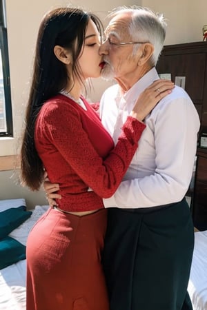 girl and old man, tongue_kiss, 1girl 18 years old, girl wear acmmsayarma outfit, 1oldman 70 years old, bedroom, ,Jukujo,kiss,wearing acmmsayarma outfit