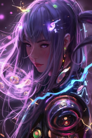 A mesmerizing scene unfolds: a single girl, her lavender hair flowing like a river, casts an arcane spell amidst swirling clock faces and rainbow aura. Glowing eyes pierce through the darkness as she summons floating gears and clockwork tattoos. Energy ribbons and multicolored light trails dance around her, as she wields a magical staff within a warped reality. The background twists and distorts, reflecting the fractured time and broken clocks that surround her. Vibrant colors from cosmic galaxies blend with psychedelic hues, creating a surreal landscape of shifting perspectives and portals. The girl's sharp eyes sparkle with a knowing smile, surrounded by neon lights and an ethereal glow. Her skin glows with an otherworldly intensity as sparks of magic erupt around her. Digital art textures are highly detailed, with ambient occlusion adding depth to this trippy time vortex of shifting dimensions.