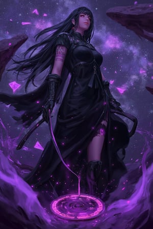 A stunning piece of dark fantasy artwork, reminiscent of the surreal and psychedelic styles of WLOP, Dan Mumford, or Ross Tran! In this mesmerizing scene, a powerful Shadowbound Voidcaster stands tall, her flowing black hair and long locks billowing behind her like a dark cloak. Her purple glowing eyes seem to pierce through the void, casting a sharp gaze that's both captivating and unsettling. As she casts dark energy, shadow tendrils and dark mist swirl around her, like ethereal tentacles reaching out from the cosmos.

The Shadowbound Voidcaster wears a black cloak with torn edges, adorned with glowing purple tattoos in the form of ancient runes on her skin. The air is electric with cosmic energy as she stands amidst a swirling galaxy background, surrounded by stars, nebulae, and voids. Glowing sigils and ancient symbols dance across the fabric of reality, forming trippy patterns that seem to defy the laws of physics.

A glowing magic circle hovers around her hands, radiating an otherworldly energy that seems to be drawing in floating shards of reality. The space around her appears fractured, with broken stars and celestial bodies hanging limply in the air like tattered streamers. Ethereal black smoke and cosmic void tendrils curl outward from her, as if she's channeling a dark power from beyond the veil.

The overall composition is a masterclass in surrealism, with shifting perspectives and vibrant cosmic colors that seem to shift and writhe like living tissue. The Shadowbound Voidcaster stands at the center of this maelstrom, her face set in a powerful expression that's both focused and enigmatic. It's as if she's about to unleash a torrent of celestial magic upon the cosmos, shattering the boundaries between dimensions and realities. This artwork is a true masterpiece of dark fantasy and cosmic horror, with its intricate details, fine artistry, and abstract shapes that seem to defy the laws of space and time.