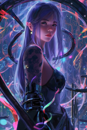 A mesmerizing scene unfolds: a single girl, her lavender hair flowing like a river, casts an arcane spell amidst swirling clock faces and rainbow aura. Glowing eyes pierce through the darkness as she summons floating gears and clockwork tattoos. Energy ribbons and multicolored light trails dance around her, as she wields a magical staff within a warped reality. The background twists and distorts, reflecting the fractured time and broken clocks that surround her. Vibrant colors from cosmic galaxies blend with psychedelic hues, creating a surreal landscape of shifting perspectives and portals. The girl's sharp eyes sparkle with a knowing smile, surrounded by neon lights and an ethereal glow. Her skin glows with an otherworldly intensity as sparks of magic erupt around her. Digital art textures are highly detailed, with ambient occlusion adding depth to this trippy time vortex of shifting dimensions.