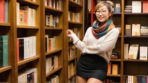 Here is a high-quality coherent prompt based on your input:

Stunning full-body portrait of Yuko, a robust and alluring Japanese woman, posing majestically as she ascends a ladder to arrange books on the shelves of her cozy Tokyo bookshop. Her powerful physique boasts thick thighs, wide hips, and a plump derrière, complemented by luscious blond-dyed hair tied back in a neat bun. She wears a comfortable sweater, a vibrant silk scarf around her neck, a black mini skirt, chic shoes, and stylish glasses, exuding her warm and inviting persona as a bookseller. The warm glow of soft ambient light casts a flattering ambiance, with shelves upon shelves of books creating a welcoming atmosphere in the background. Her friendly expression radiates warmth, engaging customers in her charming bookshop. Focus on Yuko's radiant face, showcasing her unique features amidst the cozy setting. Masterpiece-quality image with ultra-realistic details: silky skin with visible pores, perfect hands, and photorealistic rendering.